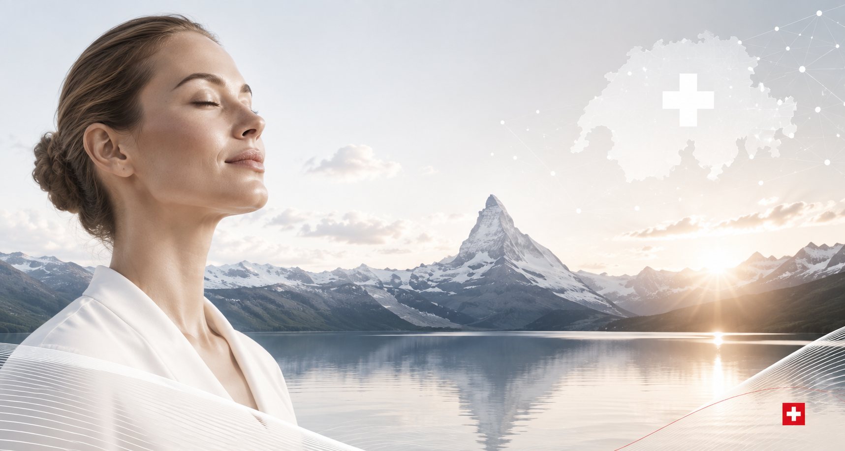 Frau am Bergsee mit Matterhorn und Schweizer Kreuz